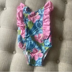 Caden Lane Pink and Blue Floral Ruffle One-Piece Swimsuit